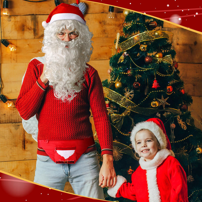 Suhine 9 Pcs Santa Costume Accessory Christmas Set with Fanny Pack, Drink Holder Suspender, Glasses, Xmas Hat, Deluxe Long White Beard Wig for Men Women Cosplay Dress up Props