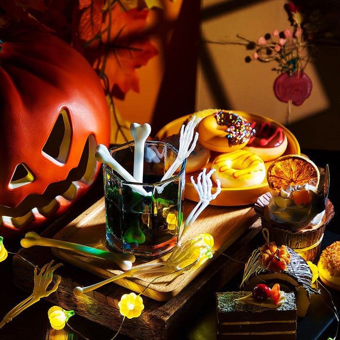 Remerry 48 Pcs Halloween Drink Stirrers Skeleton Swizzle Sticks Skeleton Arms Hands Cocktail Garnish Plastic Cocktail Food Picks for Halloween Bar Horror Party Table Decoration(Arm, Bone,White)
