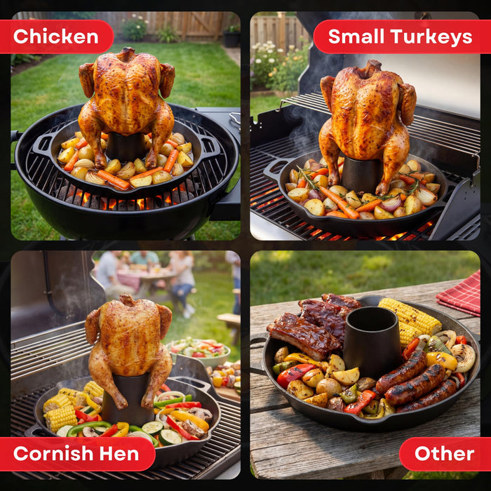 Cast Iron Vertical Chicken Roaster with Drip Pan - Beer Can Holder for Crispy Juicy Poultry on Grill, Oven, Stovetop & Campfire | Pre-Seasoned Non-Stick BBQ Cooking Stand for Chicken Turkey & Veggies