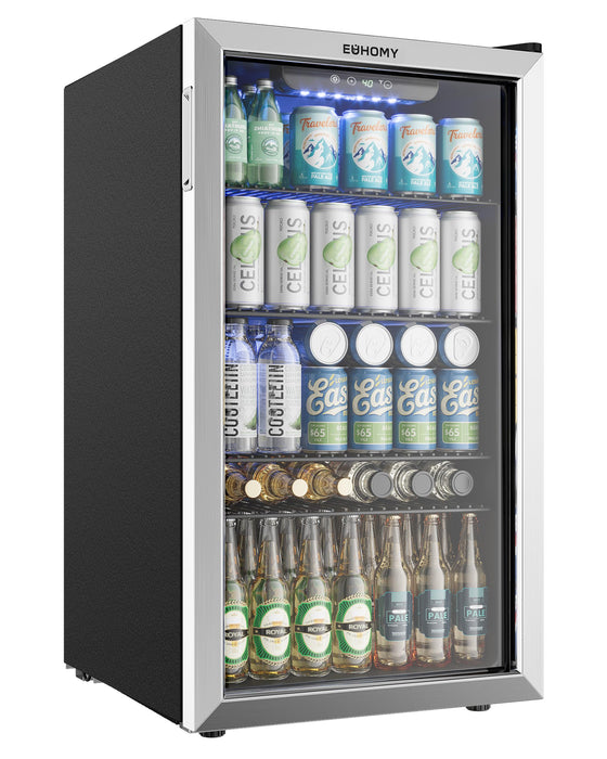 EUHOMY Beverage Refrigerator and Cooler, 128 Can Mini fridge with Glass Door, Small Refrigerator with Adjustable Shelves for Soda Beer or Wine, Perfect for Home/Bar/Office, Silver