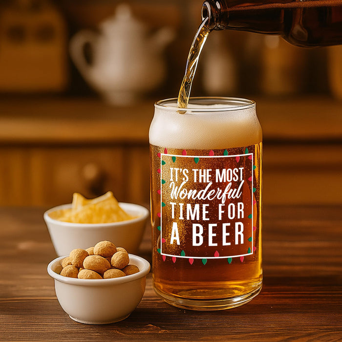 On The Rox Most Wonderful Time for a Beer- Red, Green and White- 16 Ounce Glass- Ideal for Men and Women - Funny Glass (Most Wonderful)