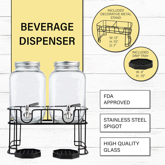 Kitchentoolz Dual Gallon Glass Beverage Dispensers with Fruit Infuser & Ice Insert – Stainless Steel Spigots, Metal Stand, and Drip Trays for Cold Drinks & Flavored Water