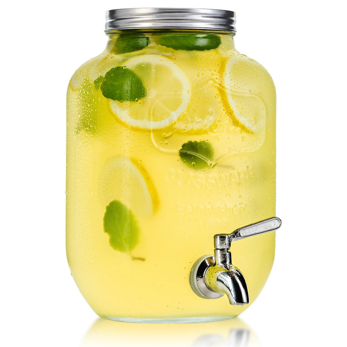 Kitchentoolz Dual Gallon Glass Beverage Dispensers with Fruit Infuser & Ice Insert – Stainless Steel Spigots, Metal Stand, and Drip Trays for Cold Drinks & Flavored Water