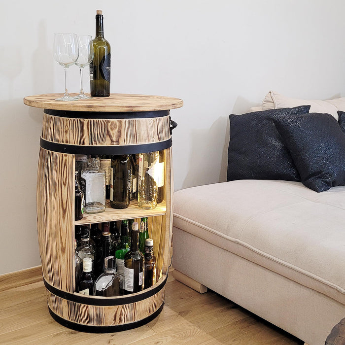 weeco Wooden Barrel Home Bar with Table Top and LED Lights - Wine Bar Table - Table Bar - Alcohol Cabinet - Living Room Decoration Table - Wine Cabinet Man and Woman 80 x 50 cm