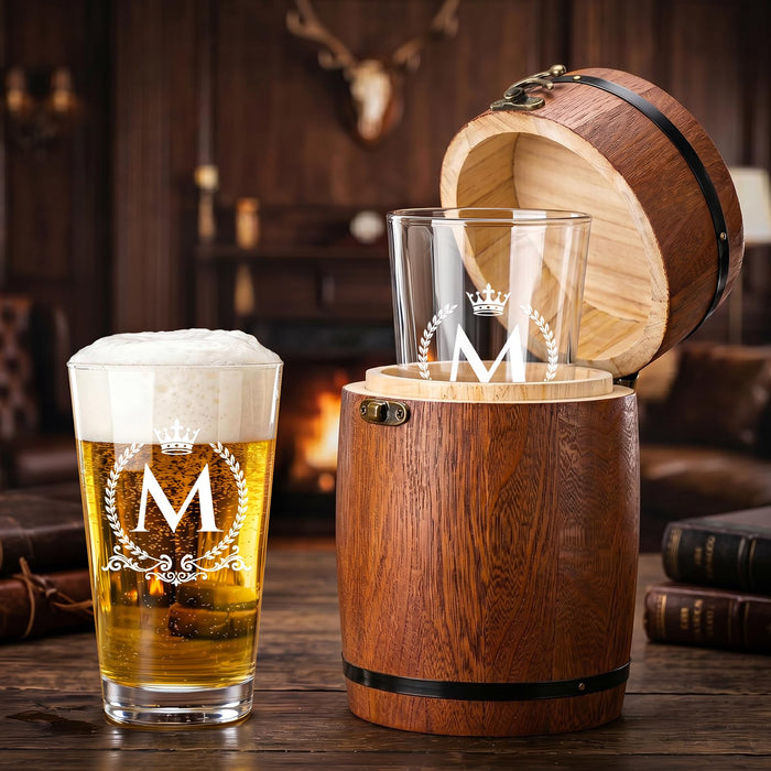 LIGHTEN LIFE Personalized Beer Glass Gifts 16oz with Barrel Box(Letter M)