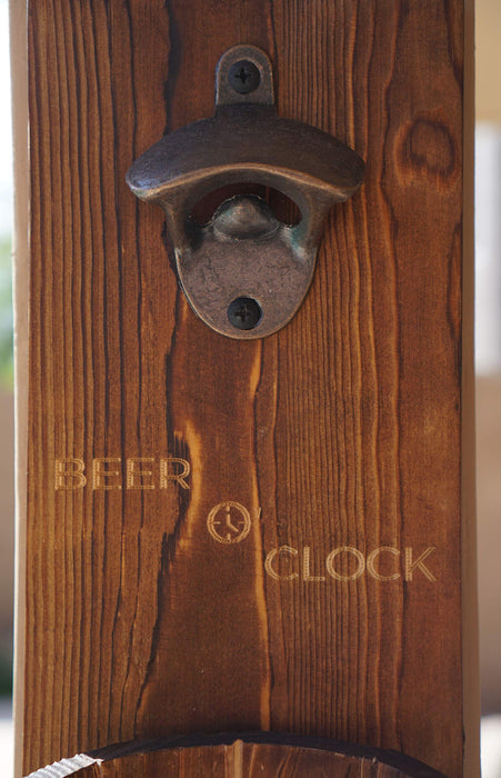 Thirsty Solutions - “Beer O’ Clock” Rustic Wall Mounted Bottle Opener and Catcher - Dark Stain Pine with Zinc Alloy Opener - Removable Wooden Bucket - Man (or Woman) Cave Ready