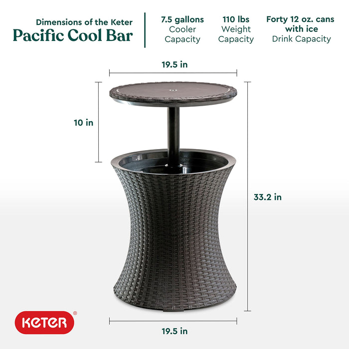 Keter Pacific Cool Bar Outdoor Patio Furniture and Hot Tub Side Table with 7.5 Gallon Beer and Wine Cooler, Espresso Brown