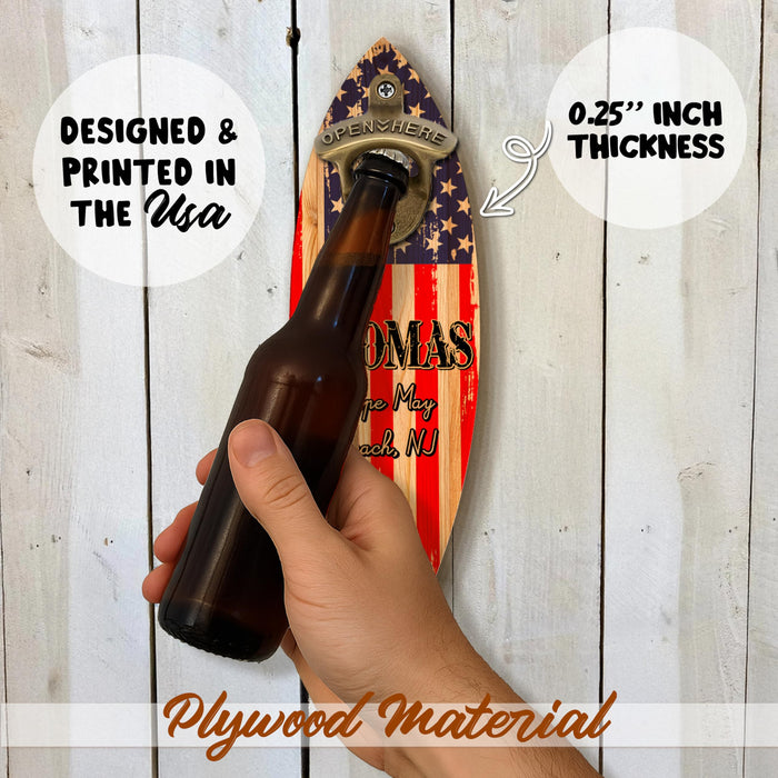 Personalized Wooden Surfboard Bottle Opener Wall Mount with Name & Beach – Custom Retro Bar Decor for Beach House, Summer Party, Housewarming, Father's Day Gift, Man Cave, Cabin or Outdoor Patio