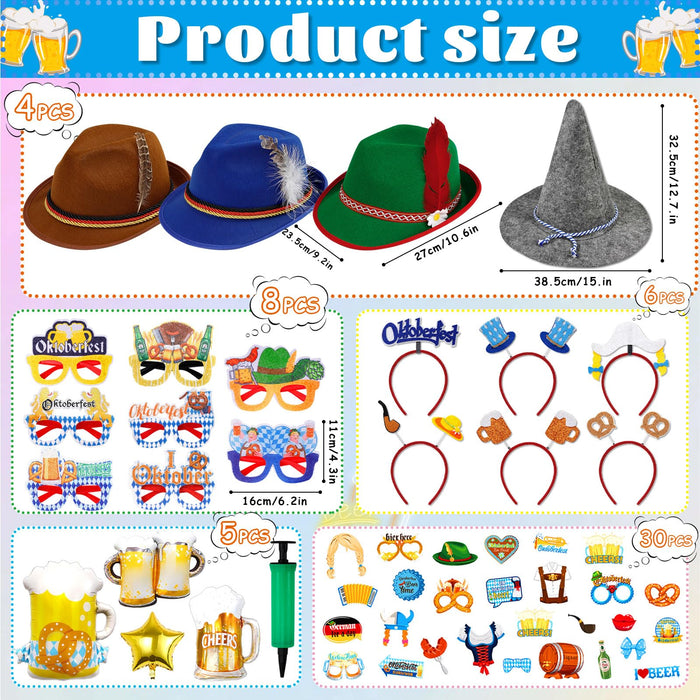 52 Pcs Oktoberfest Decorations Oktoberfest Photo Booth Props Set for Adults Unisex Felt German Bavarian Hats Glasses Hair Bands for Photo Booth Birthday Party