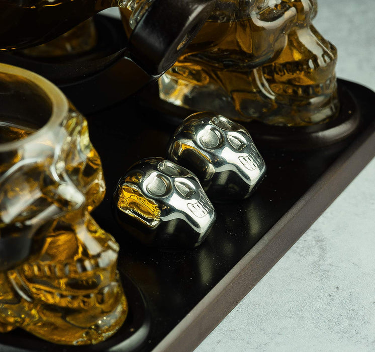 Skull Skeleton Wine & Whiskey Globe Decanter Set 850mL | Gothic Barware Gift Set with 4 Skull Head Shot Glasses 3oz & Skull Chillers on Wooden Base | Spooky Halloween Skeleton Drinkware