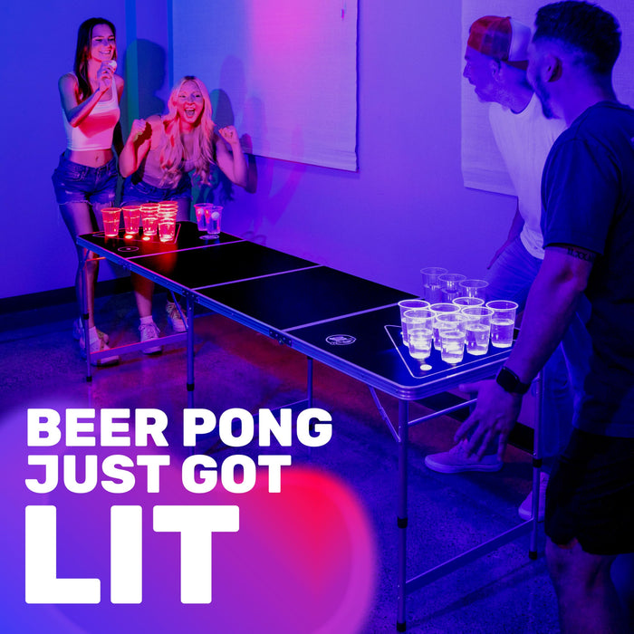 GoPong 8 ft Foldable Beer Pong Table with LED Lights - Regulation Size Portable Pong Table with 6 Balls
