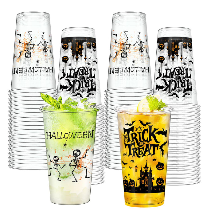BYMIOYA 50 Pcs 16 Oz Halloween Plastic Cups, Happy Halloween Disposable Clear Cups, Halloween Party Decor Disposable Cups - Ideal for Coffee, Beer, Drinks, Ice Cream, Snacks