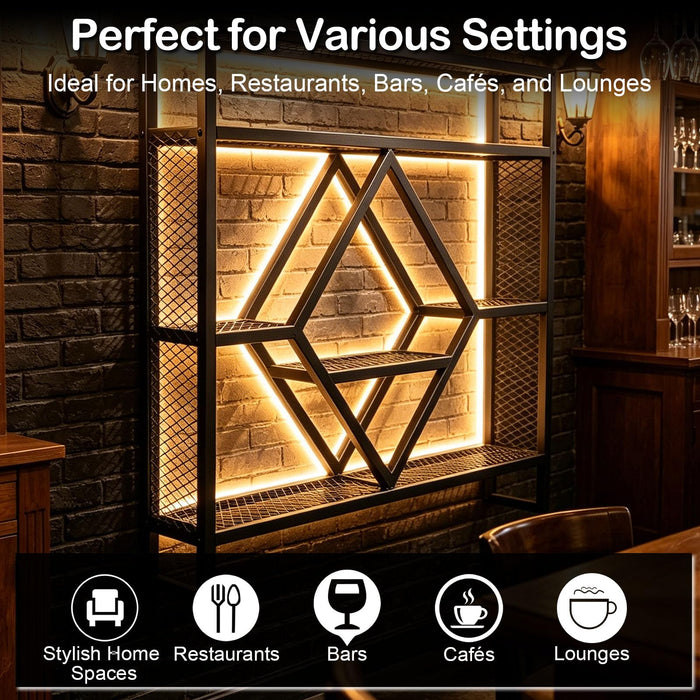 Wall Mounted Wine Rack with LED Light, 39.4in Industrial Metal Wine Bottle Display Shelf with Wine Glass Holder,Large 3 Tier Floating Bar Shelves, Wall Bar Decor for Home Bar Kitchen Dining Room