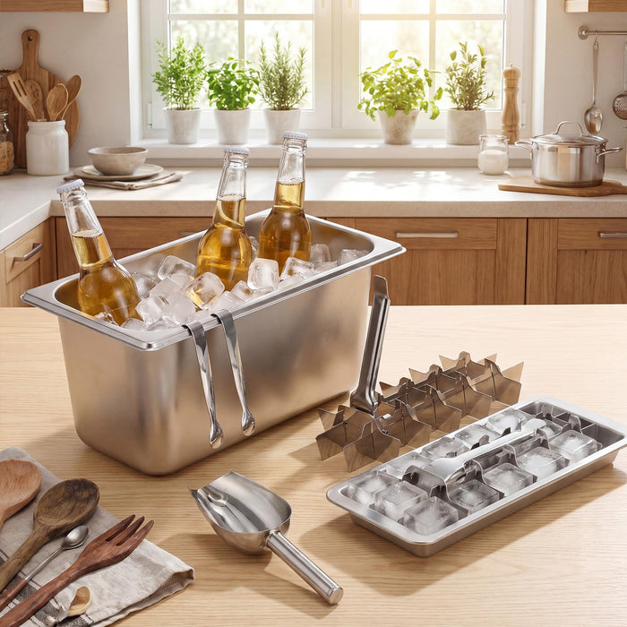 OBreezify 2 Pcs Stainless Steel Ice Cube Tray with Easy Release Levers 1 Metal Ice Bucket 1 Scoop 1 Tong for Freezer Wine Beer Champagne Cocktails Drink Bucket Bin Container Bar Party Picnic