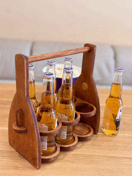 ROSTMARYGIFT Wooden 6-Bottle Beer Caddy - Collapsible Drink Holder - Beer Lover Gifts for Men, Him, Dad - Six Pack Wood Beer Carrier Basket Tote Organizer - Valentine's Day Gift