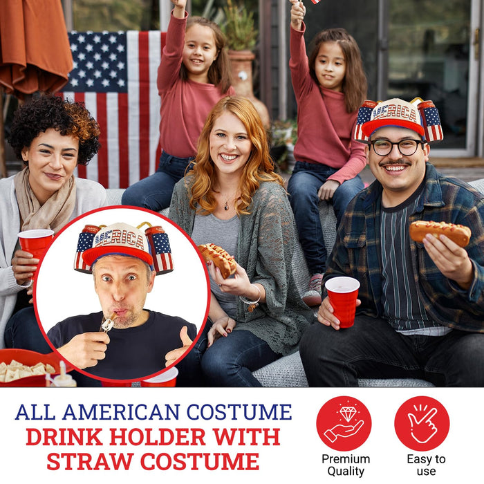HandinHandCreations USA Merica Drinking Cap Adjustable Size Hat with Straw for Soda or Beverage Guzzler Drink Helmet - America Drinking July 4th Costume - All American Party Gear