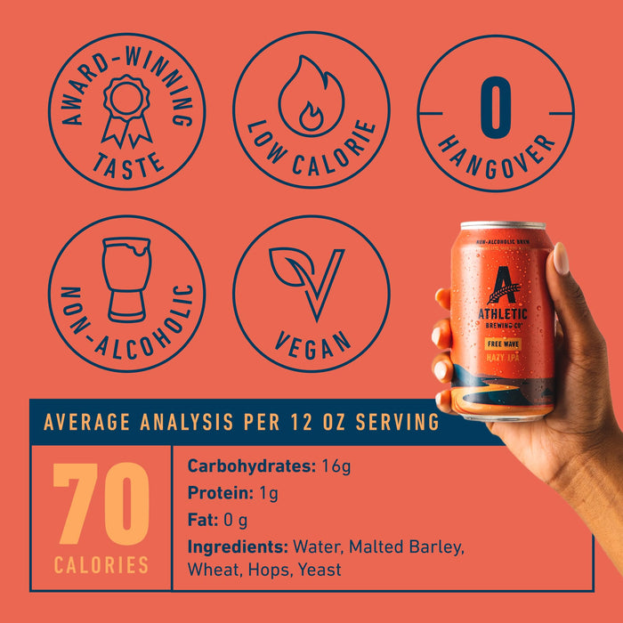 Athletic Brewing Company Craft Non-Alcoholic Beer - 6 Pack x 12 Fl Oz Cans - Free Wave Hazy IPA - Low-Calorie, Award Winning - Loaded with Amarillo, Citra, and Mosaic Hops