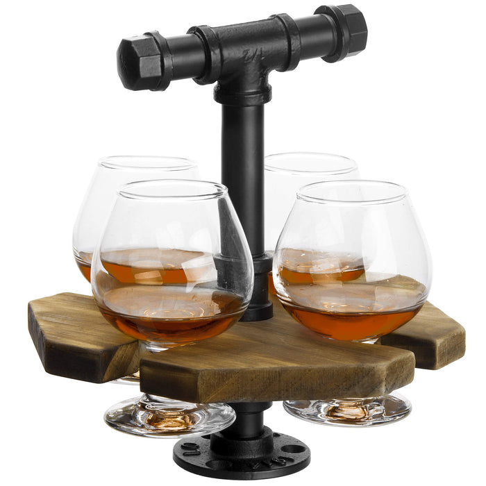 【Industrial Rustic Beer & Whiskey Flight Set】 Burnt Wood Tray with Matte Black Metal Handle & 4 Snifter Glasses - Portable Tasting Serving Caddy for Home Bars, Tasting Events, Craft Beer Enthusiasts