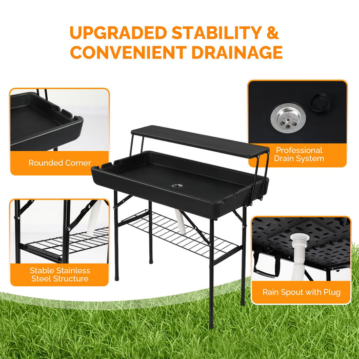 VINGLI Portable Cooler Table with Extra Storage Shelf, Alloy Steel, Black, Picetable Model