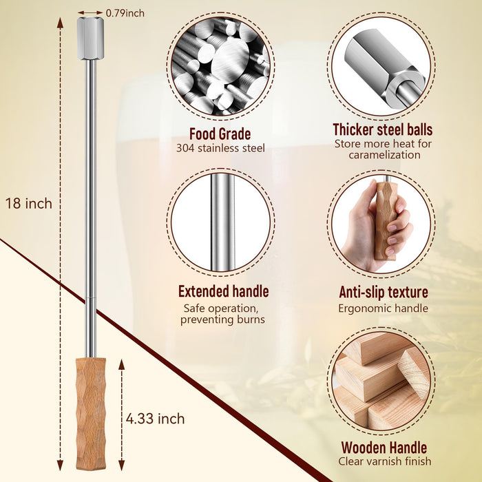 Avenuebool Beer Caramelize Poking Tool, Novelty Beer Accessories Food Grade 304 Stainless Steel Rod with Wood Handle, for Camping, Home Brewing, Campfire Unique Gift for Men, Boyfriends, Dads