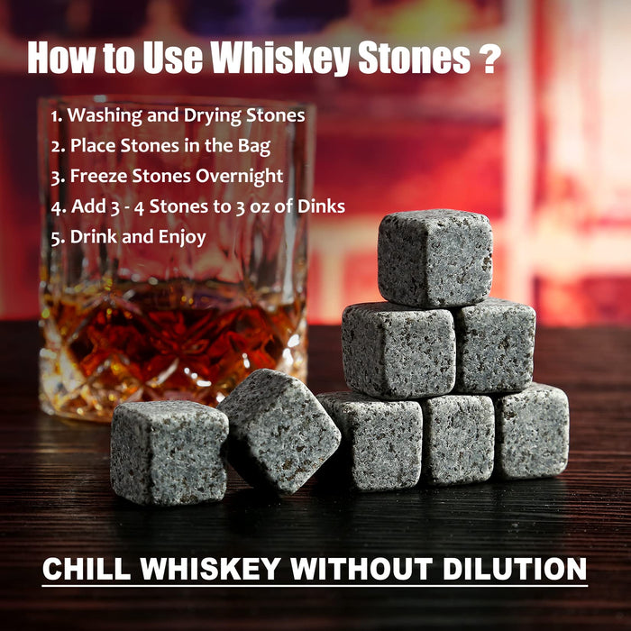 Whiskey Stones Gift Set - Whiskey Glass Set of 2 - Granite Chilling Whiskey Rocks - Scotch Bourbon Gifts for Men -Valentine's Day Birthday Gifts for Men Dad Him Husband Drinking Gift for Holiday