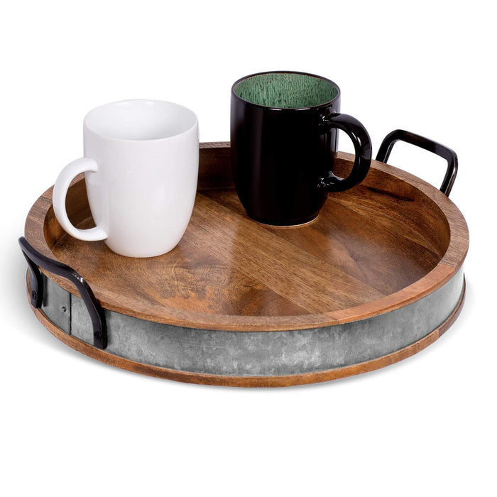BIRDROCK HOME Round Wood Serving Tray with Handles and Iron Accents, 16”