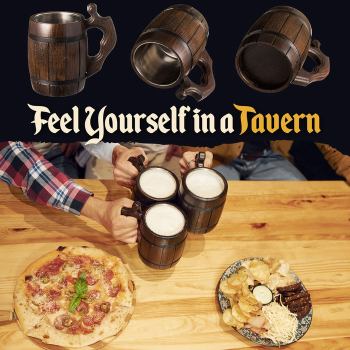 MFC Beer Mug 20 OZ - Tankard Mug - Beer stein - Wooden beer mug - Stainless Steel Cup - Handmade Gifts for Men - Fathers Day, Christmas or Birthday Gift Idea - Men Mug - Barrel Brown