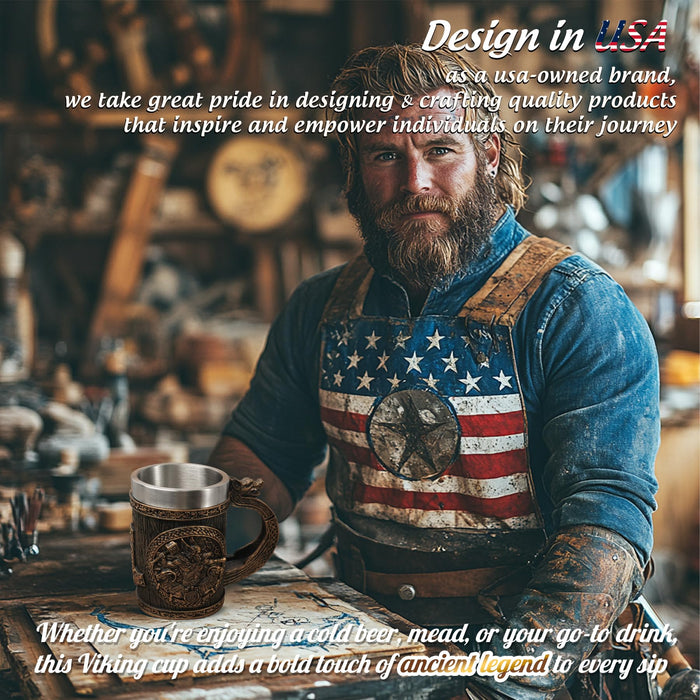 IELCJJ Original Handmade Viking Runes Mug - 20oz Thor Hammer Mjolnir Beer Tankard - 304 Stainless Steel Medieval Celtic Pirate Heavy Viking Cup - Novelty Norse Mythology Decor - Gift for Men Women