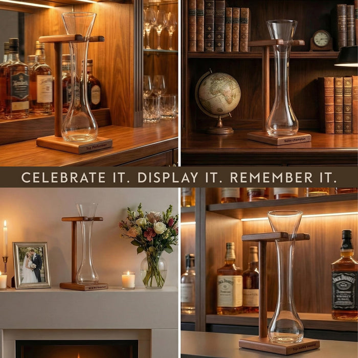 Bey-Berk Personalized Quarter Yard of Ale Glass with Wooden Stand, 12 oz Long Beer Glass and Engravable Solid Wood Base