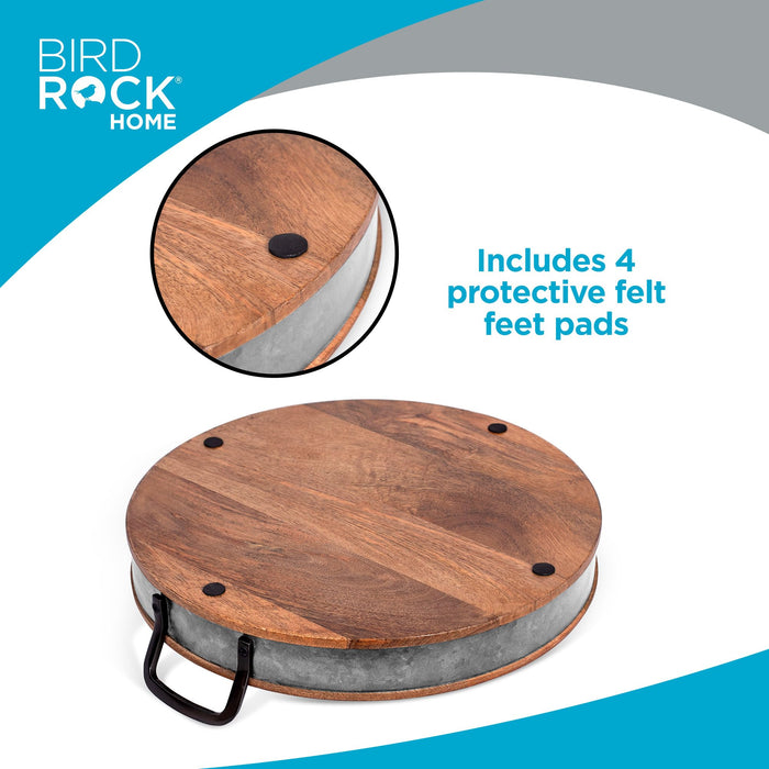 BIRDROCK HOME Round Wood Serving Tray with Handles and Iron Accents, 16”