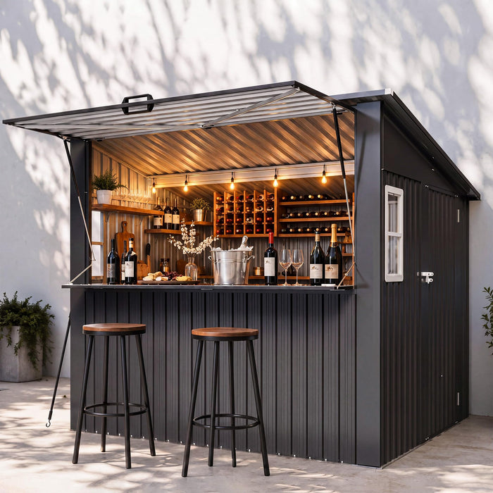 Aoxun 8x7 FT Outdoor Bar Shed with Canopy Black