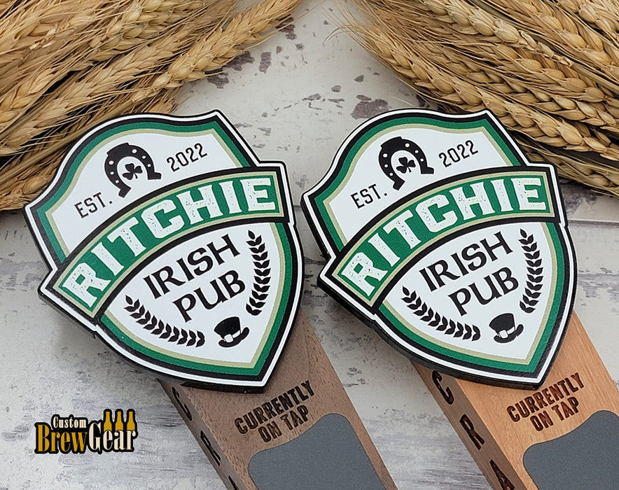 Custom Brew Gear Personalized Beer Tap Handle-Irish Pub Edition, Laser Engraved Sides Available in Cherry or Walnut