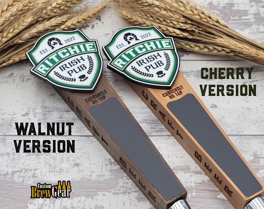 Custom Brew Gear Personalized Beer Tap Handle-Irish Pub Edition, Laser Engraved Sides Available in Cherry or Walnut