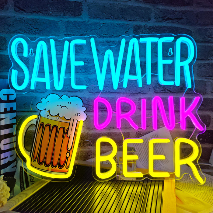 Save Water Drink Beer Neon Sign LED Beer Neon Lights for Wall Decor Dimmable Neon Bar Signs for Home Beer Bar Man Cave Pub Restaurant Bistro Club Party Decorations