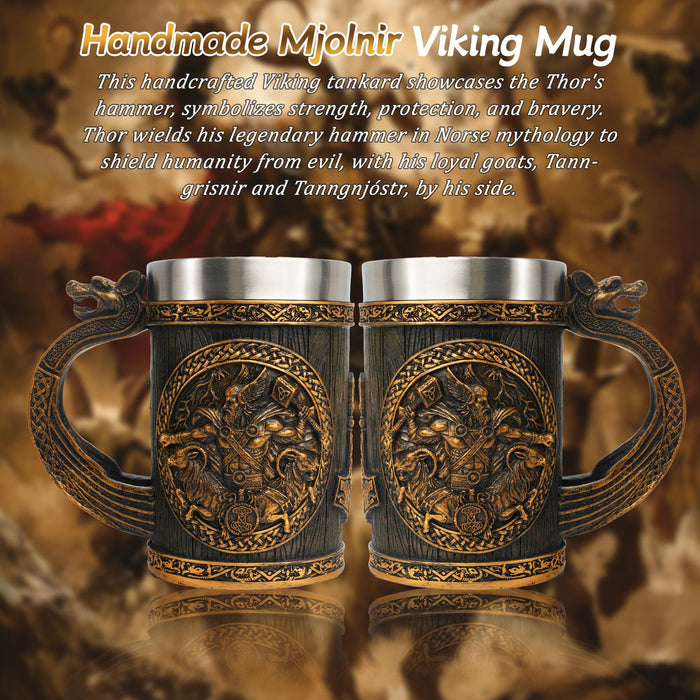 IELCJJ Original Handmade Viking Runes Mug - 20oz Thor Hammer Mjolnir Beer Tankard - 304 Stainless Steel Medieval Celtic Pirate Heavy Viking Cup - Novelty Norse Mythology Decor - Gift for Men Women