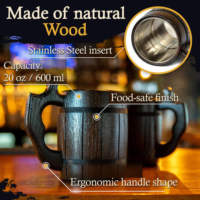MFC Beer Mug 20 OZ - Tankard Mug - Beer stein - Wooden beer mug - Stainless Steel Cup - Handmade Gifts for Men - Fathers Day, Christmas or Birthday Gift Idea - Men Mug - Barrel Brown