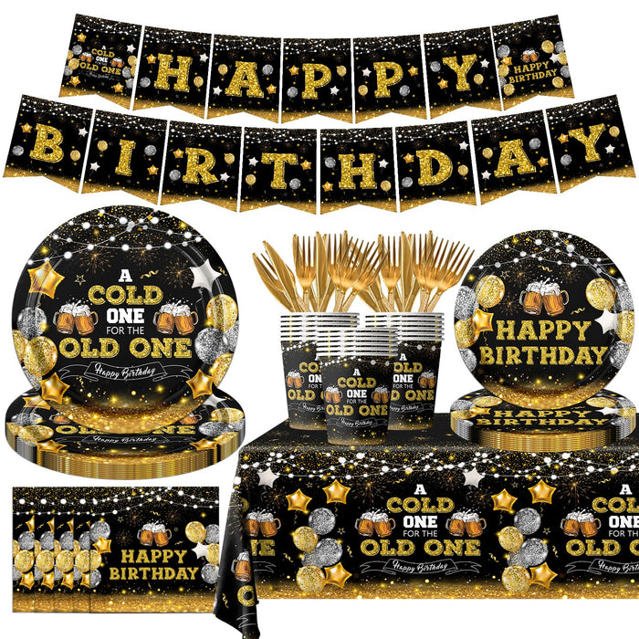 142Pcs Beer Birthday Decorations for Men A Cold One for The Old One Birthday Decorations with Plates Napkins Cups Tablecloth and Banner Black and Gold Party Decorations for 20th 30th 40th 50th
