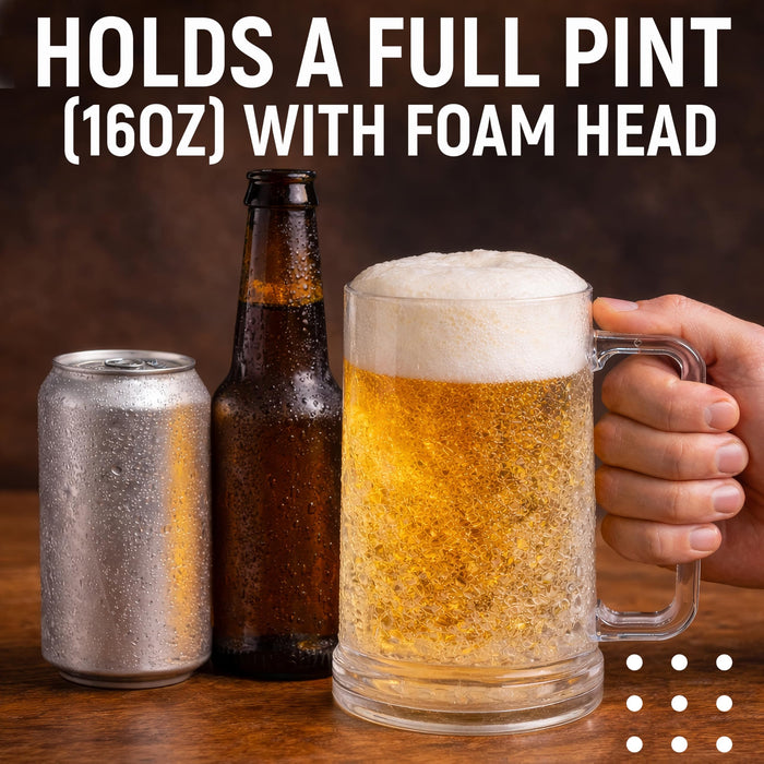 Granatan Frozen Beer Mugs (Set of 2), 16oz Double Wall Gel Freezer Cups with Handle, Acrylic Frosty Ice Stein for Cold Drinks, Break-Resistant Insulated Beer Mug for Dad, Men, Pool Parties & BBQ