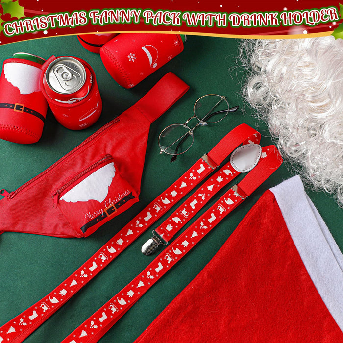 Suhine 9 Pcs Santa Costume Accessory Christmas Set with Fanny Pack, Drink Holder Suspender, Glasses, Xmas Hat, Deluxe Long White Beard Wig for Men Women Cosplay Dress up Props