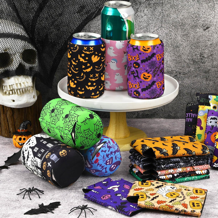 Halloween Can Cooler Sleeves, 18pcs Halloween 12 oz Cold Drinks Beer Drink Can Bottle Cooler Sleeves for Halloween Trick or Treat Party Favors Decorations Supplies