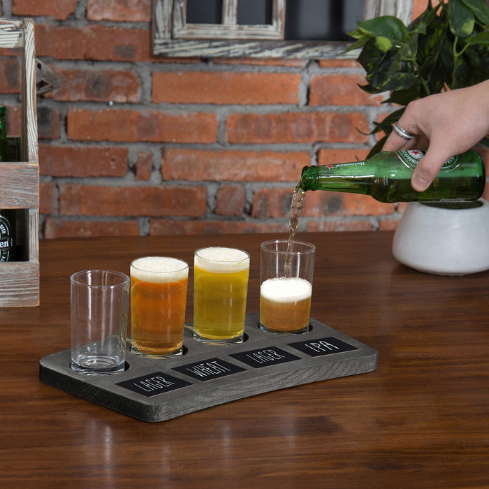 MyGift 5 Piece Set Vintage Grey Wood Beer Flight Tasting Glasses (6 oz) and Server Board Tray with Chalkboard Labels