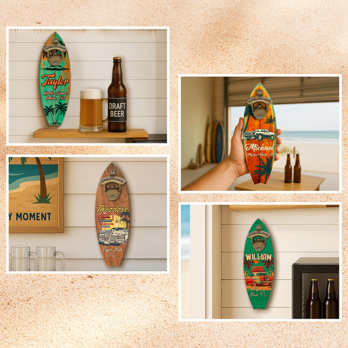 Personalized Wooden Surfboard Bottle Opener Wall Mount with Name & Beach – Custom Retro Bar Decor for Beach House, Summer Party, Housewarming, Father's Day Gift, Man Cave, Cabin or Outdoor Patio