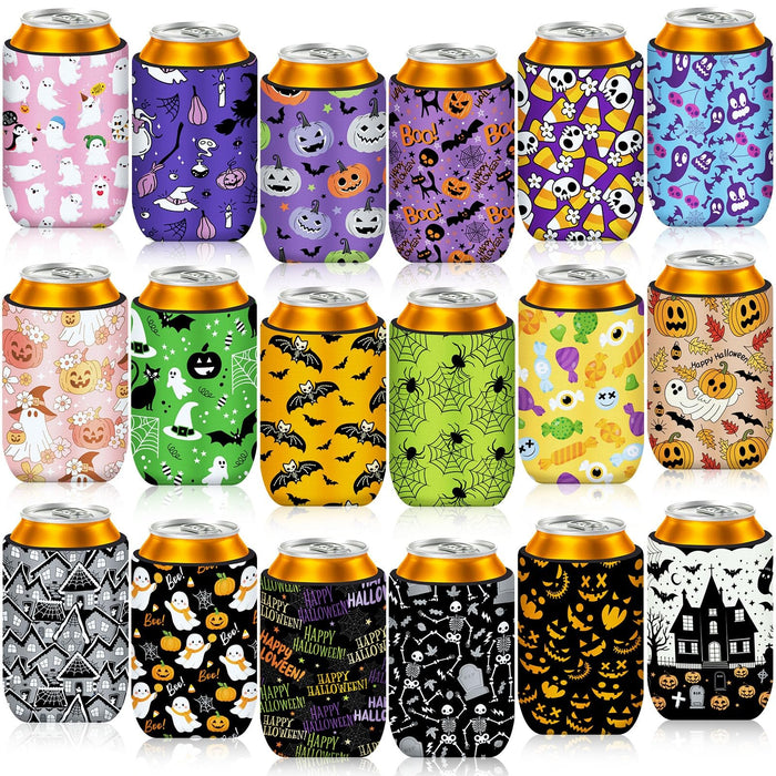 Halloween Can Cooler Sleeves, 18pcs Halloween 12 oz Cold Drinks Beer Drink Can Bottle Cooler Sleeves for Halloween Trick or Treat Party Favors Decorations Supplies