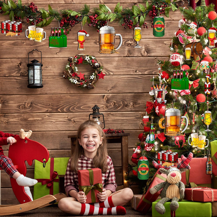 36 Pcs Beer Ornaments for Christmas Tree, Funny Wine Bottle Ornaments Set, Wooden Hanging Crafts for Xmas Party Holiday Tree Decorations