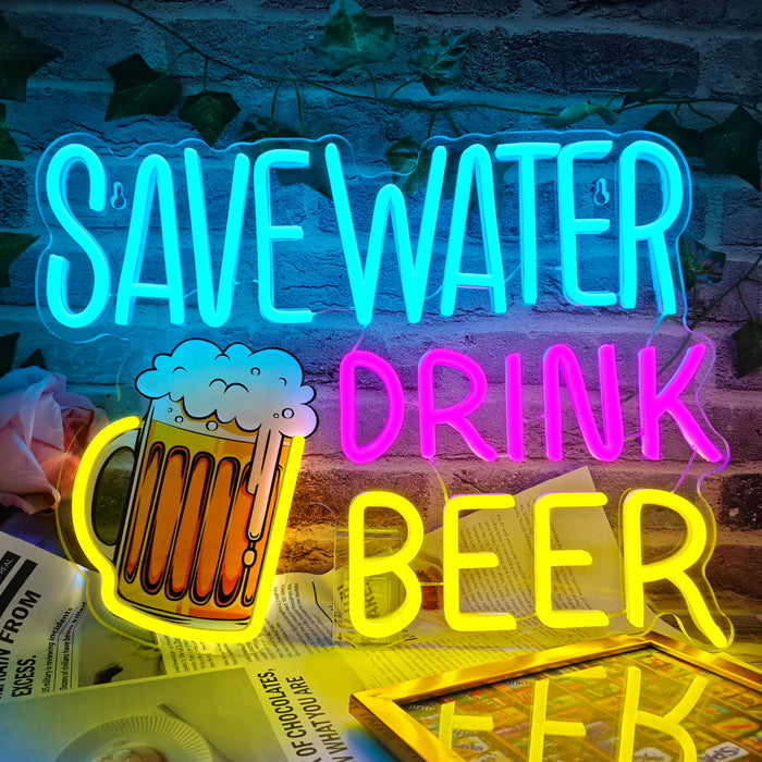 Save Water Drink Beer Neon Sign LED Beer Neon Lights for Wall Decor Dimmable Neon Bar Signs for Home Beer Bar Man Cave Pub Restaurant Bistro Club Party Decorations
