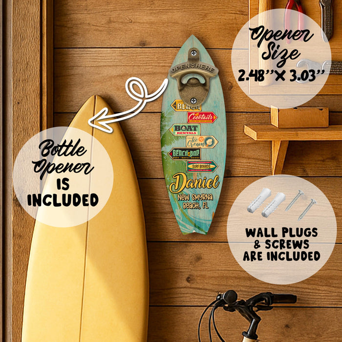 Personalized Wooden Surfboard Bottle Opener Wall Mount with Name & Beach – Custom Retro Bar Decor for Beach House, Summer Party, Housewarming, Father's Day Gift, Man Cave, Cabin or Outdoor Patio