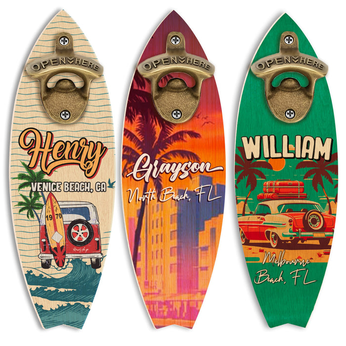 Personalized Wooden Surfboard Bottle Opener Wall Mount with Name & Beach – Custom Retro Bar Decor for Beach House, Summer Party, Housewarming, Father's Day Gift, Man Cave, Cabin or Outdoor Patio