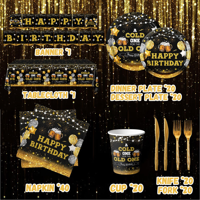 142Pcs Beer Birthday Decorations for Men A Cold One for The Old One Birthday Decorations with Plates Napkins Cups Tablecloth and Banner Black and Gold Party Decorations for 20th 30th 40th 50th