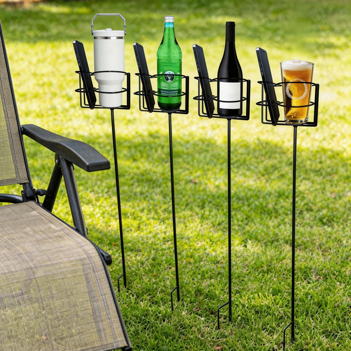 Outdoor Cup Holders, Heavy Duty Metal Beach Drink & Phone Holder Stakes Set