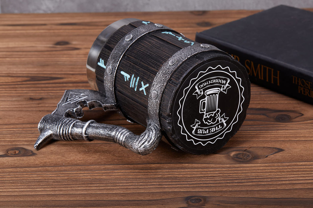 Viking Beer Mug 20oz Stainless Steel Double Wall Heavy Mug, Hand-Carved Oak with Norse Runes, Axe Handle Tankard Gifts for Men Medieval Drinking Cup, Cool Beer Stein for Home Bar Viking Decor